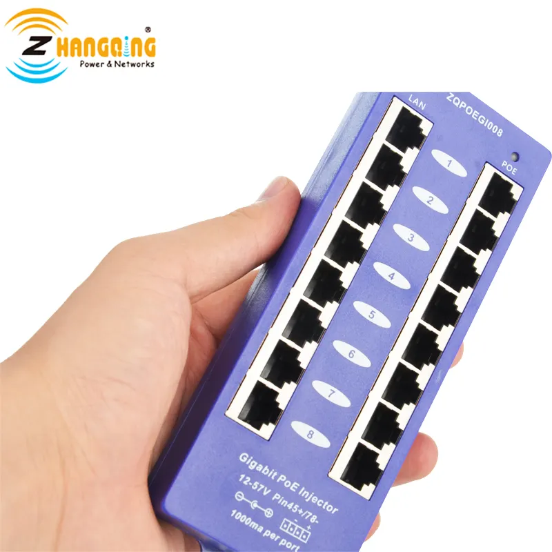 1000Mbps PoE Injektor PoE Panel Tambalan Ethernet Power Over Panel 8 Port 802.3af/At Standar