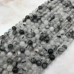 Wholesale Natural Beads Smooth Polished Black With White Cloudy Rose Quartz Crystal Round Loose Beads For Jewelry Making