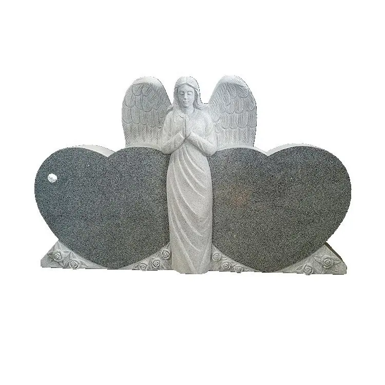 G633 Beyaz Gri Granit Taş Çift Kalp Mezar Taşı Dua Ayakta Melek, ABD Tarzı Mezar Taşı Anıt, Melek Mezar Taşı