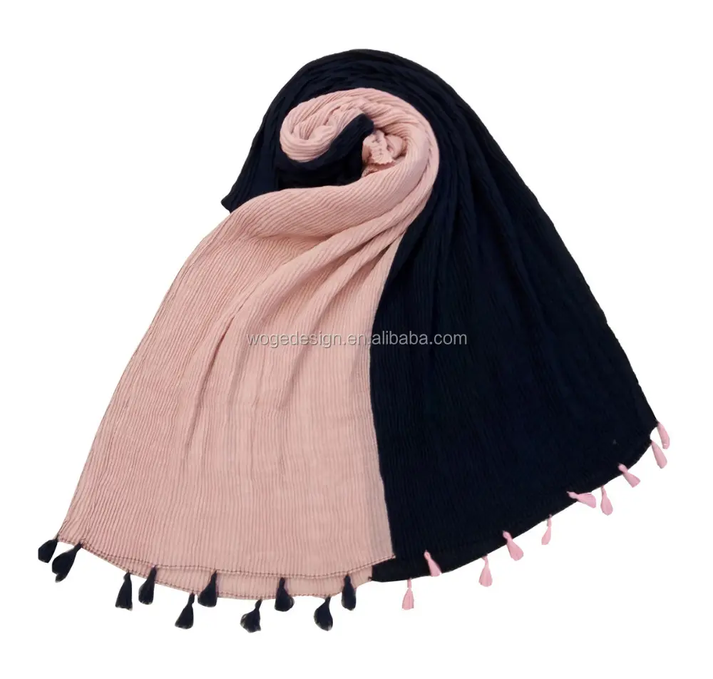 Fashion tops sold two tones islamic UK wrap hijabs shawls dress crinkle pleated tassels girls viscose wholesale crumple scarfs