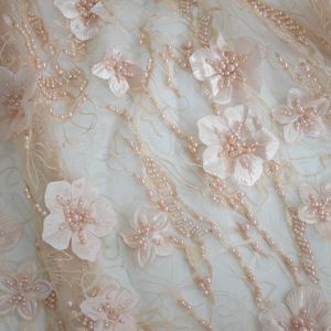 Leichte Pfirsich Tüll Spitze Kleid Stoff Afrian Französisch 3d Spitze Stoff mit reiner Handarbeit Perlen Braut Spitze HY0735-4 - Product Image 5