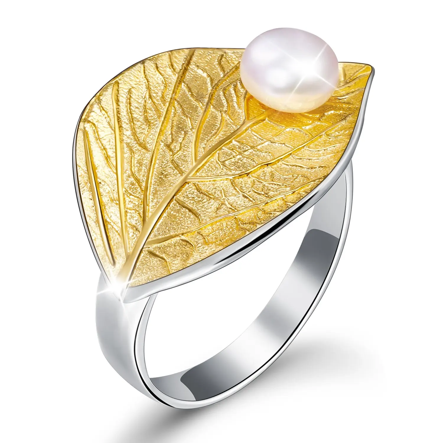 Edler Schmuck 925 Sterling Silber 18 Karat vergoldete Blattform Natürliche Perle Verstellbare Ringe für Frauen