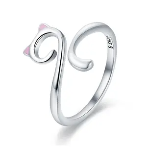 Цин 925 стерлингового серебра ухо открытым кольцо Регулируемый Простой Кот в любовь кольцо на палец для обручального кольца для женщина для девочек подарок на день рождения