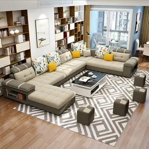 Conjunto de sofá de madeira com 7 lugares, moderno quadro de madeira para sofá e poltrona de tecido moderno