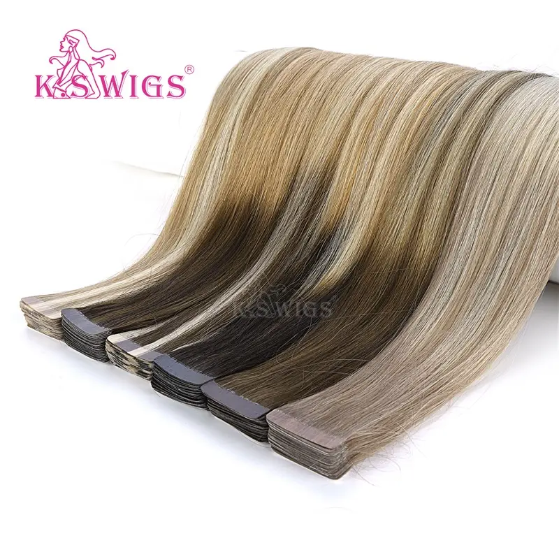 K.S WIGS Hair Extens Re tape 24 Inch Light Color Wavy Tape Hair Extensions Brown Tape In Hair Extension
