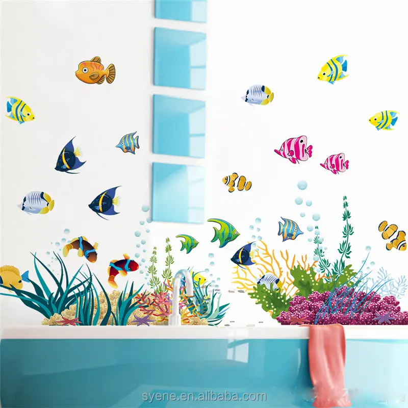 Syene neuer 3D 3D Meereswelt-Wandaufkleber abnehmbarer bunter Fisch und Wasserpflanzen-Dekoration für Kinderzimmer Zuhause Wanddekoration