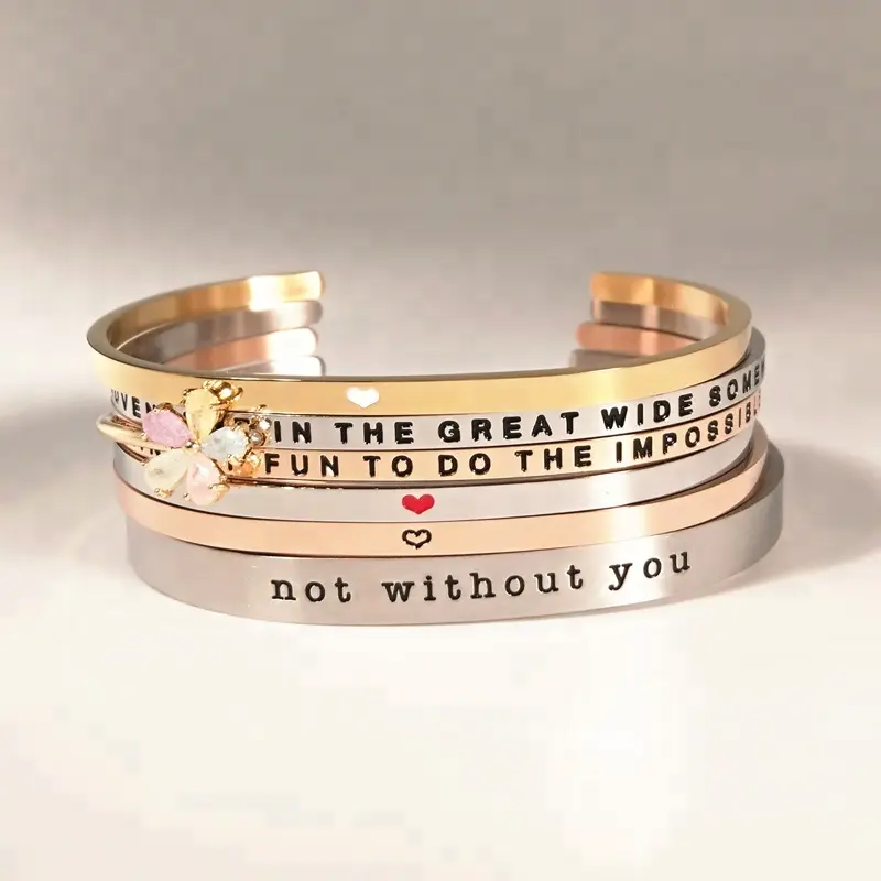 Motivational Mantra Stacking Religious Inspire Letter Metal Engraved Inspirational Cuff Custom Bangle Stainless Steel Bracelet