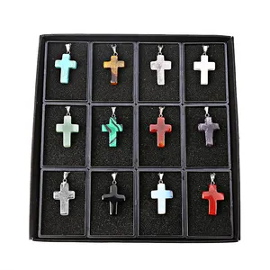 Tiny Cross Necklace/Gemstone Minimal Necklace Religious Necklace for Women Men