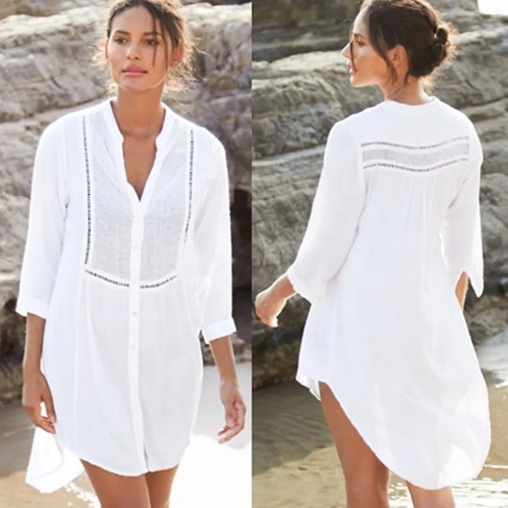 WINUP white summer shirt dress bikini cover up beach dress