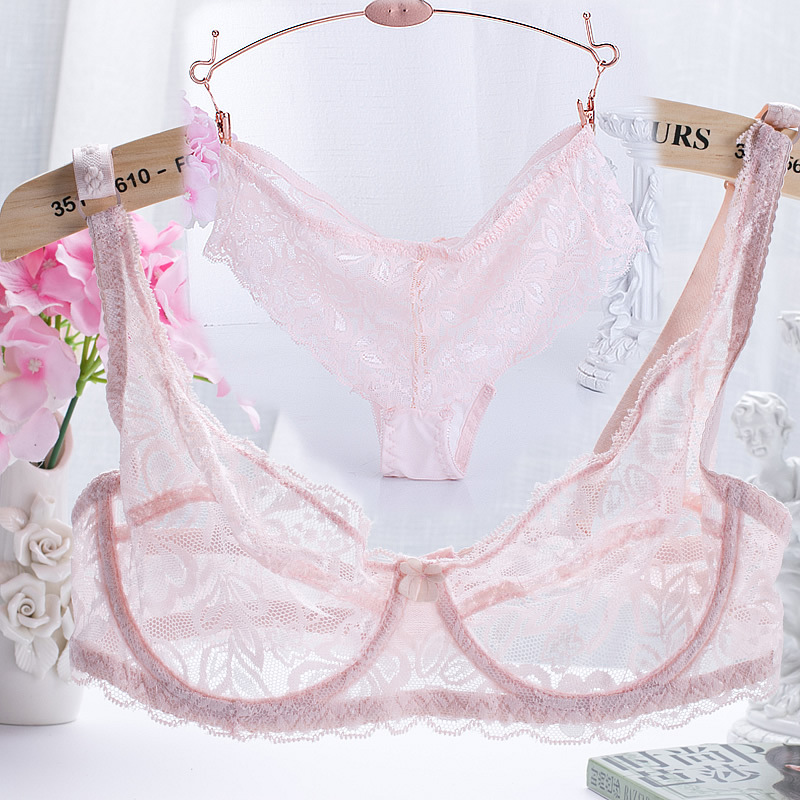 【AGNEL】 Love Hawaii bikini bra + panty set Navy New Sexy Lace Floral Bra Set Thin Hollow Out Bra + Panty Set