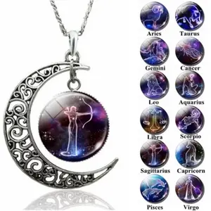 12 Designs 40mm Crescent Moon Anhänger personal isierte runde Lupe Druck Sternzeichen Halskette