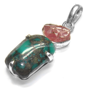 Quartz rose bleu avec cuivre brut Turquoise vente en gros de pendentif à breloque à la mode bijoux en pierres précieuses plaqué argent pour femmes, hommes - Product Image 2