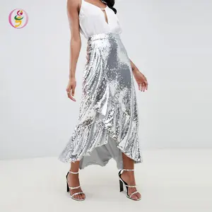 High Shine Sequin High Low Skirt with Frills in Silver Ladies Metallic Ruffles Trims Maxi Skirt