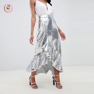 High Shine Embroidered Natural Waist Casual High Low <strong>Skirt</strong> in <strong>Silver</strong> Ladies Metallic Maxi <strong>Skirt</strong> - Product Image 1