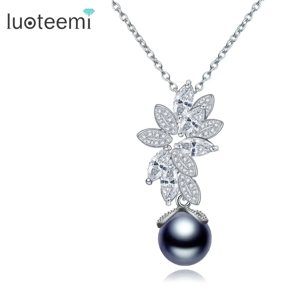 LUOTEEMI Women Fashion Cubic Zirconia with Simulated Gray Pearl Pendant for Necklace Jewelry