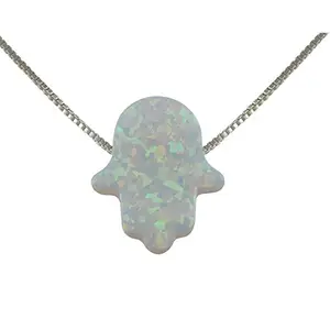 Silver Jewelry Opal Hamsa Hand Pendant Necklace with Sterling Silver Box Chain