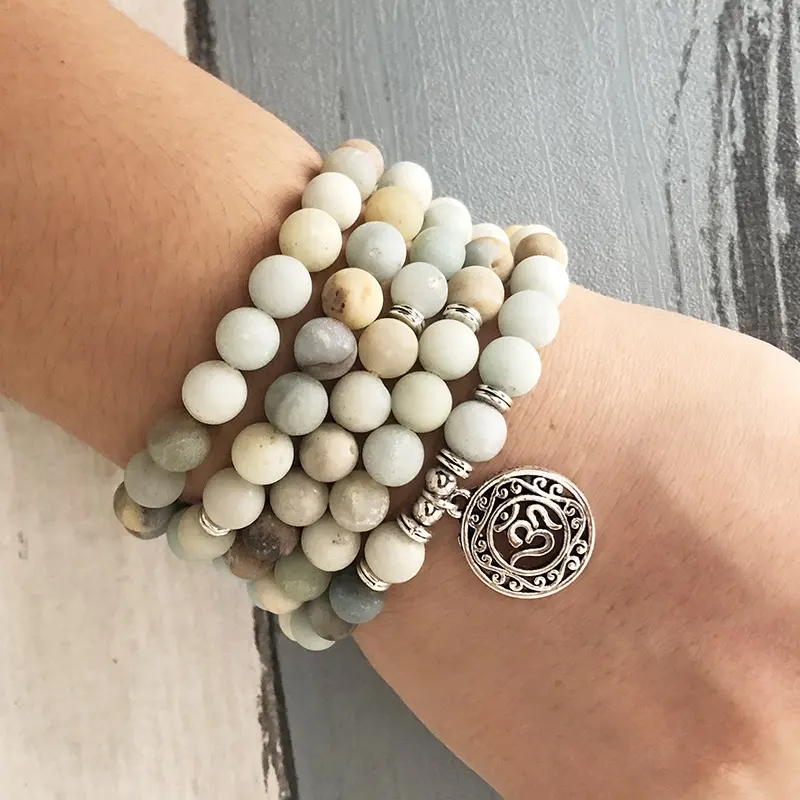 SN1517 108 Matte Amazonite Beaded Mala Bracelet OM Yoga Charm Healing Stone Jewelry 8mm Natural Stone Bracelet And Necklace