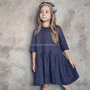 Abito Classico in Lino per Ragazze con Maniche 3/4 in Grigio Scuro, Abbigliamento in Lino, Vestiti per Damigelle - Product Image 1