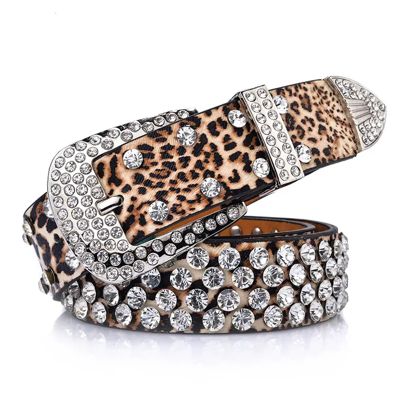 108*3.4cm women belt pin buckle luxury Rhinestones leopard print PU leather belts for women best quality Female strap for jeans