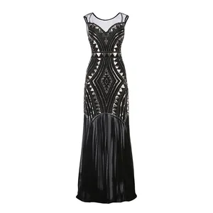 V-back fashion beaded sequin 1920s Vintage Art Deco women long dress elegant formal evening dress