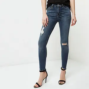 Nuevo moda sexo niña Jeans fotos Tops azul oscuro rasgado Super Skinny Jeans