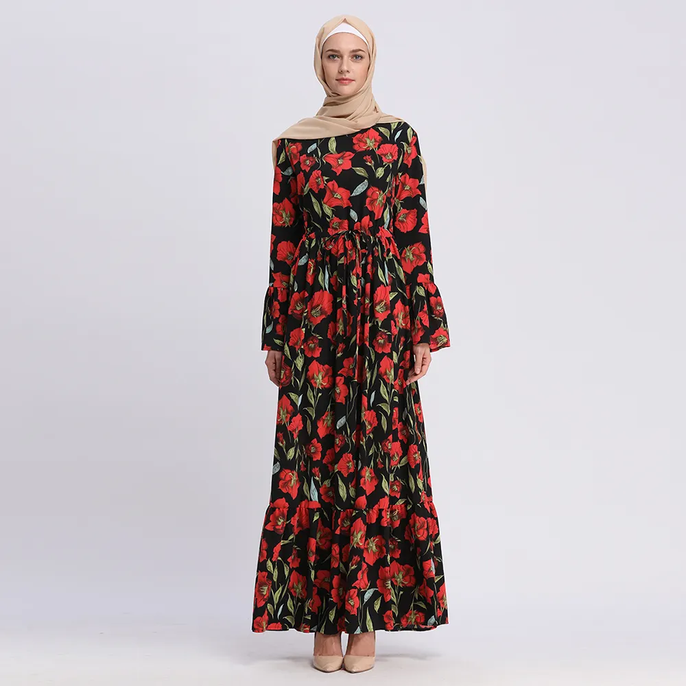 Última llegada turco ropa de manga larga estampado Floral rojo vestido islámico Jilbab de lujo moderno Kaftan