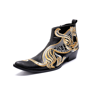 NA025 Bottines classiques à bout pointu pour hommes en <span class=keywords><strong>cuir</strong></span> véritable <span class=keywords><strong>noir</strong></span> <span class=keywords><strong>Bottes</strong></span> de dragon brodées à hauteur augmentée grande taille - Product Image 6
