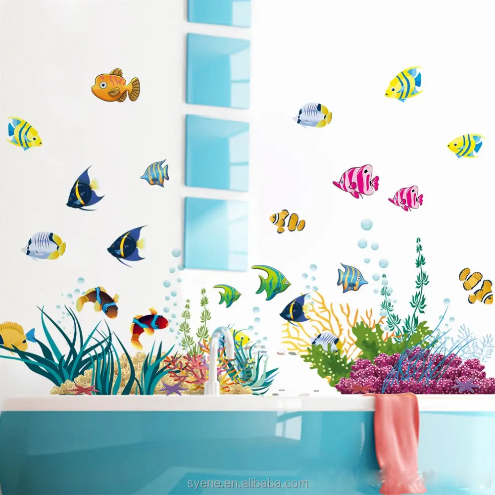 Новые Мультяшные настенные стикеры Syene, Детские съемные водонепроницаемые настенные Стикеры для ванной с морской рыбой, украшение для дома
