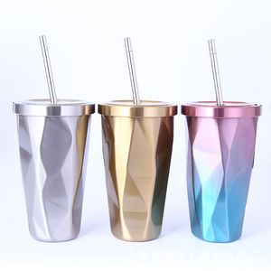 Gobelets à café en acier inoxydable avec tube à glace, bouteille à boisson chaude/froide avec paille, gobelets irréguliers en forme de losange, vaisselle à café - Product Image 1