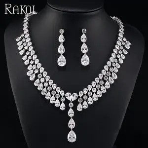 Rakol SP215 women turquoise crystal cubic zirconia stone necklace earrings jewelry wedding set S215