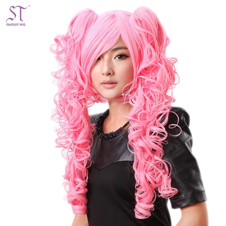 27 "japoneses de alta calidad sintético Regular Curl Cosplay peluca Rosa largo flequillo con dos rizado cola de caballo