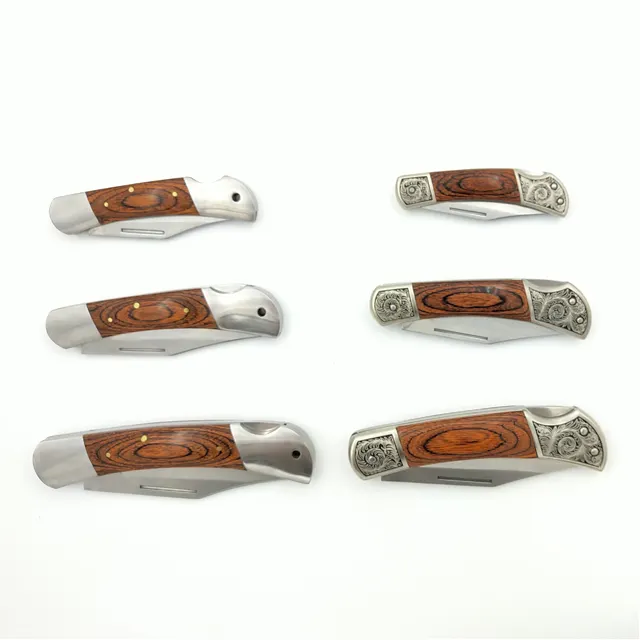 Cuchillo de bolsillo de hoja inoxidable, mango de madera, táctico, de acampada, cuchilla plegable, utilidad