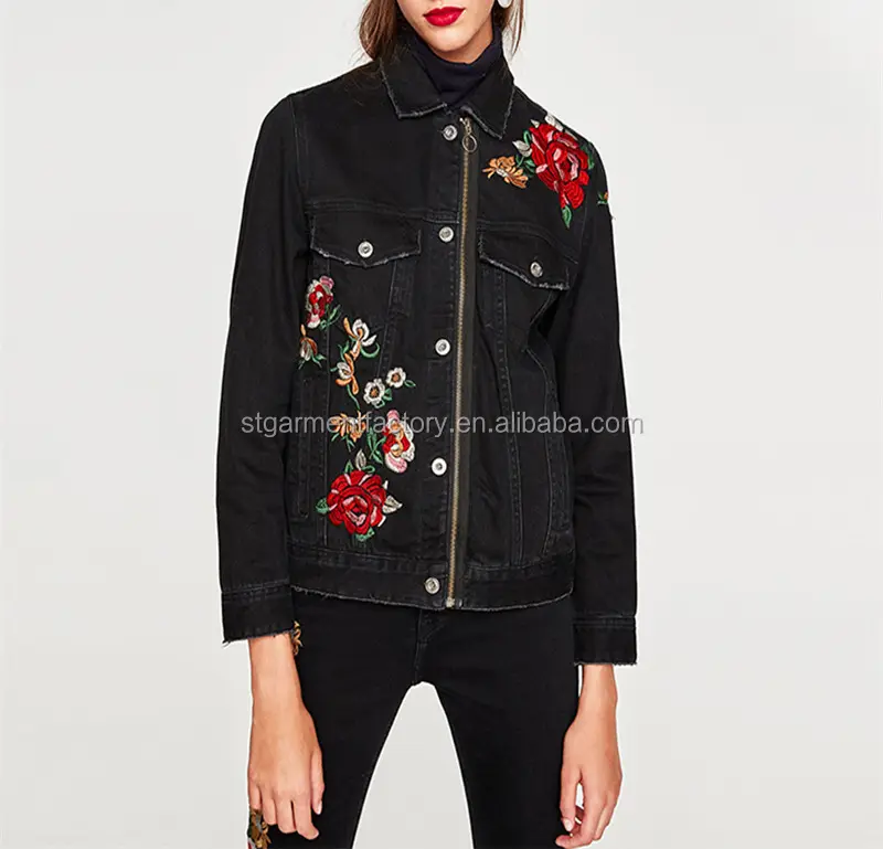 Femmes noir denim fleur motif de broderie manteau pour L'automne Sta-272