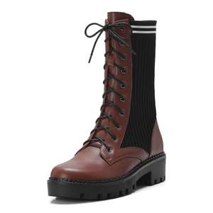 Alla moda Della Signora Della Piattaforma Calzature Piatto Stivali Da Combattimento Scarpe Da <span class=keywords><strong>Donna</strong></span> Rotonda Stretch Lavorato A Maglia Calzino Stivali In Pizzo Up Della Caviglia del Cuoio Genuino Stivali - Product Image 2