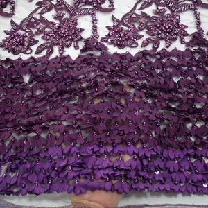 Dark Purple Elegant Beaded Lace 3d Flower Net Tulle Fabric Nigerian Wedding Lace HY0773-5