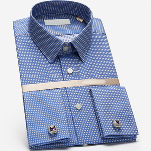 Camisas OEM/ODM para hombre Camisas de vestir <span class=keywords><strong>a</strong></span> <span class=keywords><strong>cuadros</strong></span> <span class=keywords><strong>azules</strong></span> Camisas de manga larga con puños franceses para hombre - Product Image 2
