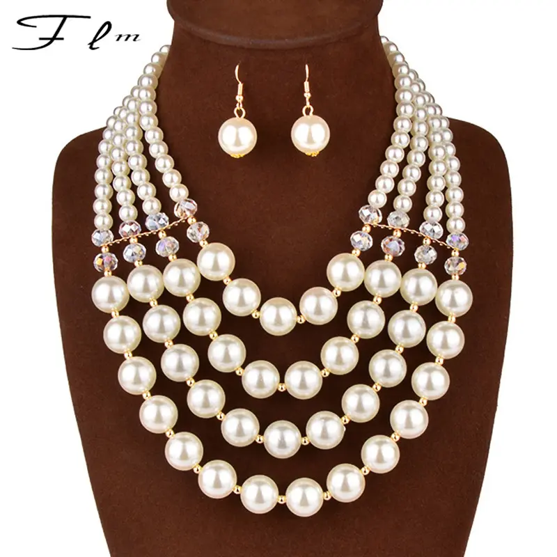 Fashion Crystal Pearl gold Necklace Earrings Bride Jewelry Set