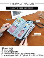 Wanita RFID Blocking Kulit Dompet Kapasitas Besar Phone Clutch dengan Tali Pergelangan Tangan