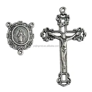 Pièce centrale de la vierge marie 0.91 ", 2 pièces, avec pendentif Crucifix de 2.05", en alliage, accessoire en argent Antique, ensemble pour la fabrication de chapelet catholique