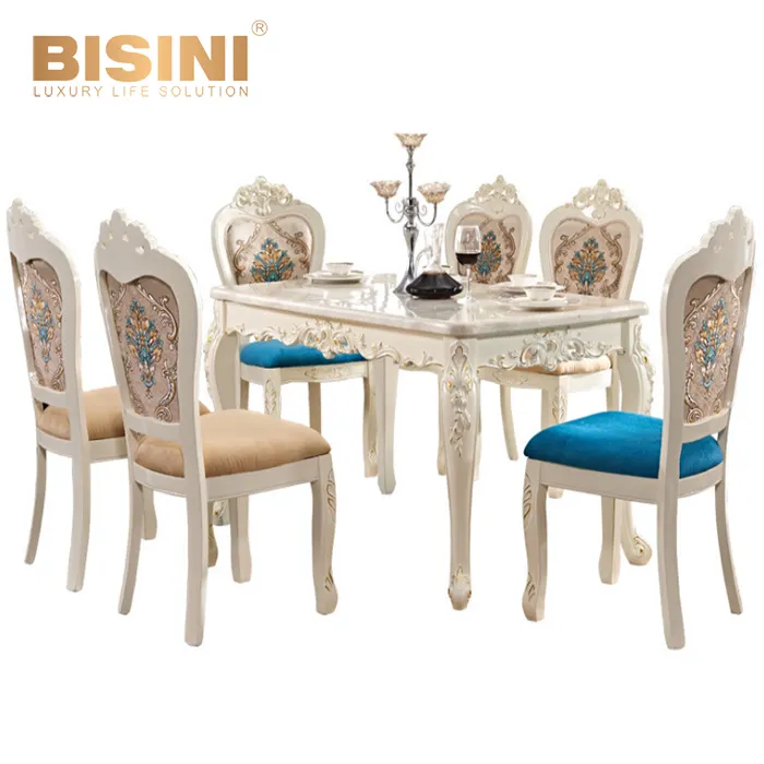 BISINI juego de comedor romántico francés de lujo, mesa de comedor y silla de comedor de grabado sólido tallado a mano BF08-10012