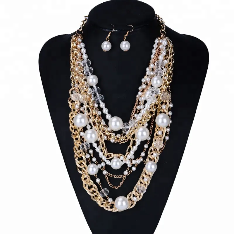 Neuzugang Perlen Glasperlen Metallkette mehrschichtige Halskette und Ohrring-Sets Schmuck-Sets Körperschmuck