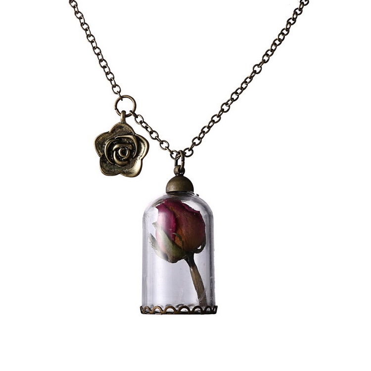 Último diseño cubierta de cristal Luna seco real Rose flor joyería collar suéter de las mujeres de accesorios de aleación