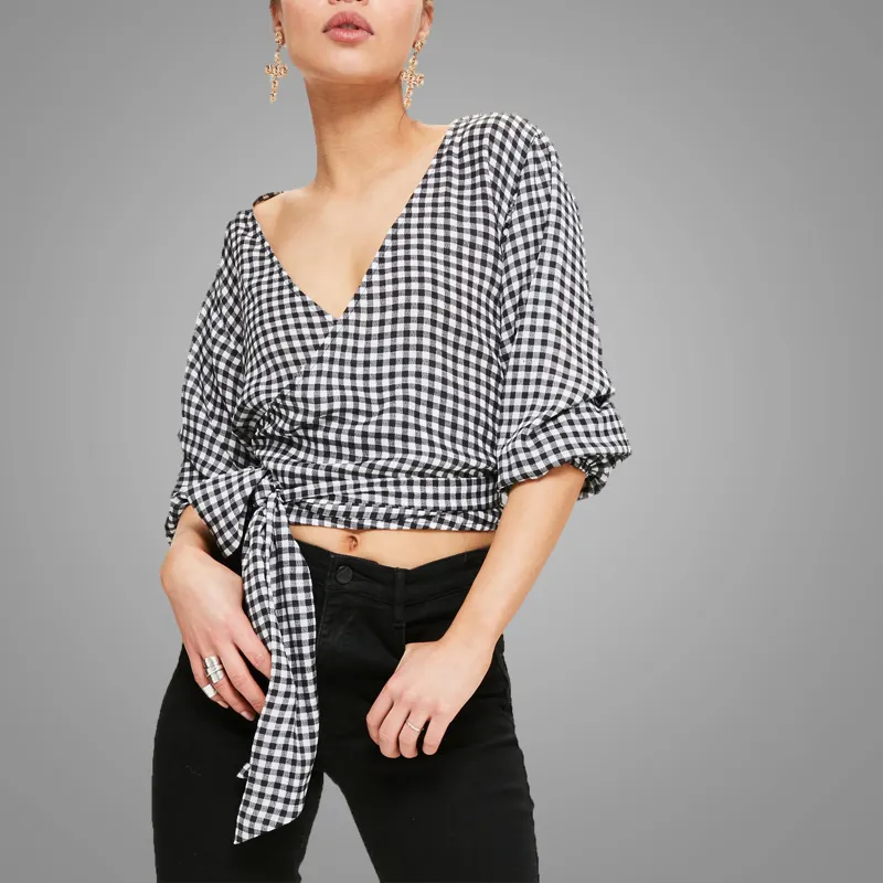 Frauen Schwarz Geraffte Hülse Wrap Über Gingham Bluse Grid Damen Binden Taille Gekreuzt Bluse Damen Tops