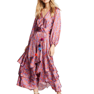 Vestido <span class=keywords><strong>Boho</strong></span> de Seda con Estampado Floral, Cuello en V, Manga Farol, Cinturón, Elegante y Sexy para Mujer, YLDR062D - Product Image 1
