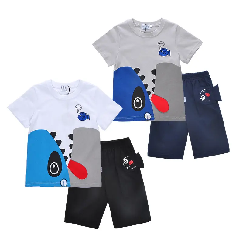 बच्चों के कपड़े निर्माता ब्लू व्हेल मुद्रित मछली कढ़ाई लड़कों के कपड़े बच्चों के लिए आकस्मिक सूट