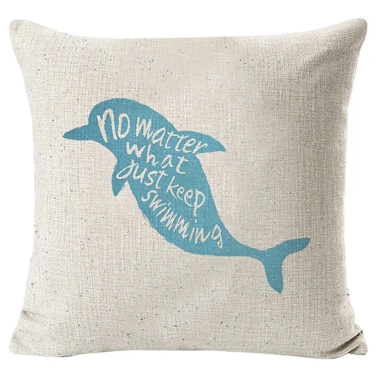 Dolphin Cushion Cover Hand Drawn Sea Mammal with Hipster Quote Just Keep Swimming Motivational Image Square Pillow Case