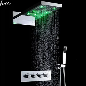 Wall Mounted Big LED Rain Shower Head Rainfall Waterfall Bath Thermostatic Shower Faucet Set With Handheld Shower