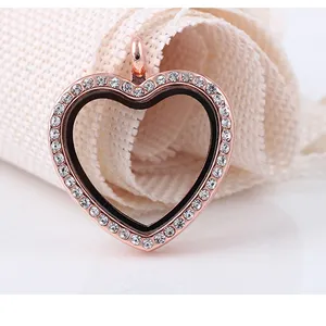 Wholesale Fashion Jewelry Gold Locket Designs DIY Charm Rhinestone Pendant Heart Floating Locket