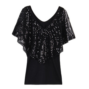 Summer Fashion <strong>Tops</strong> Women Flutter Sleeve V Neck <strong>Sequin</strong> Blouse Casual Solid Breathable Shirts - Product Image 2
