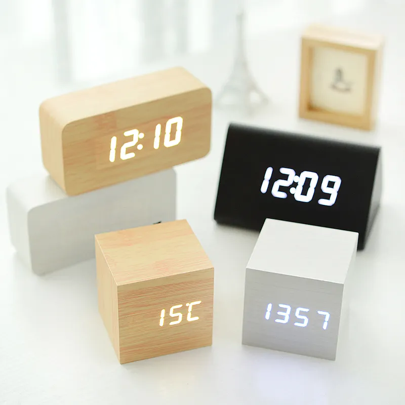 Mini Cube Wooden Clock Voice Control Electronic Desk Clock with LED Digital Table Watch Snooze Cute Alarm Clock fo